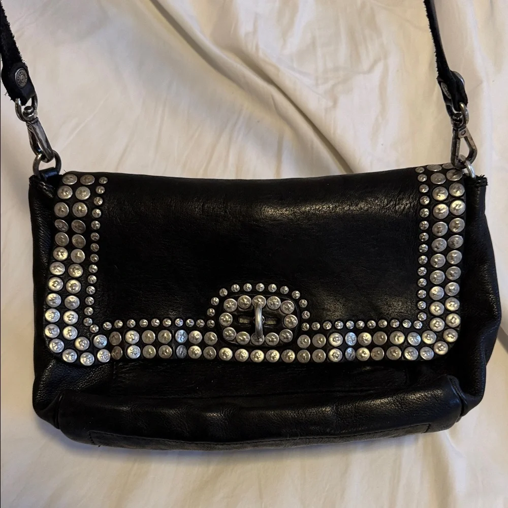 Campomaggi Black Leather Crossbody Bag with Silver Studs and Turnlock - Picture 9 of 12